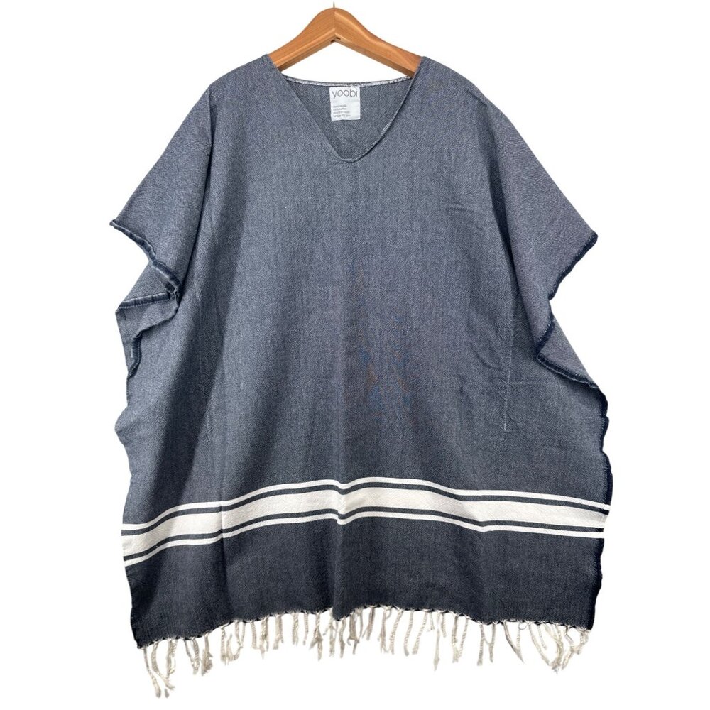 Yoobi Womens Poncho One-Size Gray Striped Fringed Boho Handmade Peasant Hippie